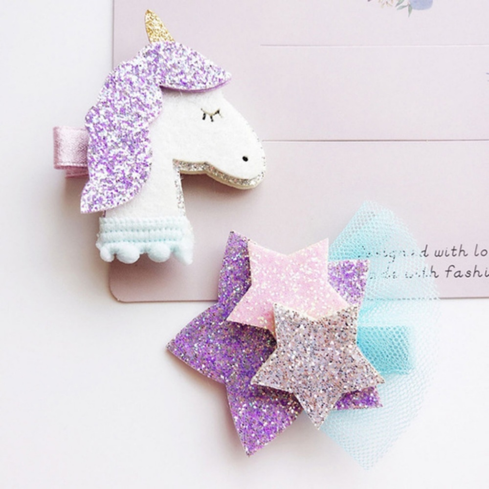 Glitter Felt Unicorn Star Barrette Hair Clip Set - Picture 1 of 8